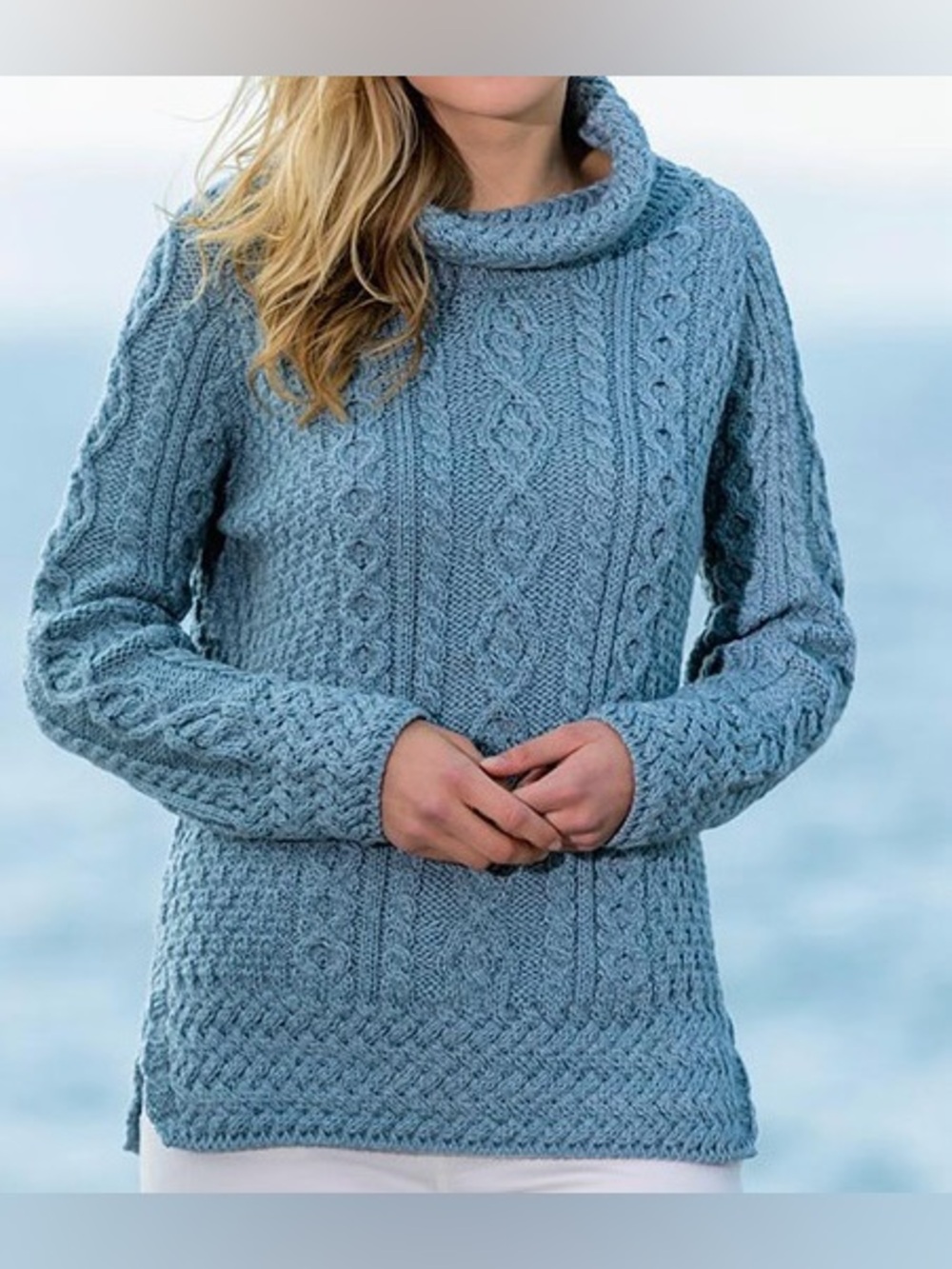 ARAN Crafts Cowl Neck Cable Knit Blue Tunic Sweater Thick Wool Women’s L NEW!